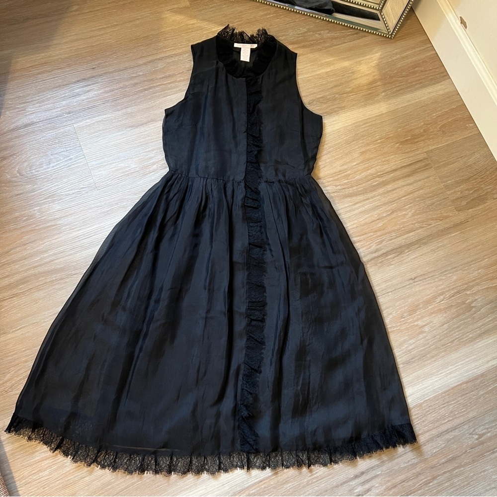Rebecca Taylor Black Silk midi Dress with Lace Trim – Size 0 lbd XS %100 silk - Picture 7 of 11